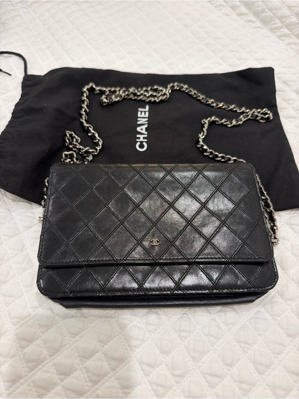 CHANEL Black Quilted Lambskin wallet on chain  Bag with Silver Chain
